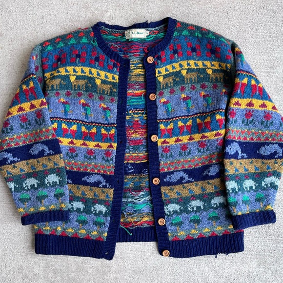 L.L. Bean Sweaters - Vintage 90s LLbean wool chunky knit animal bird elephant cardigan sweater retro